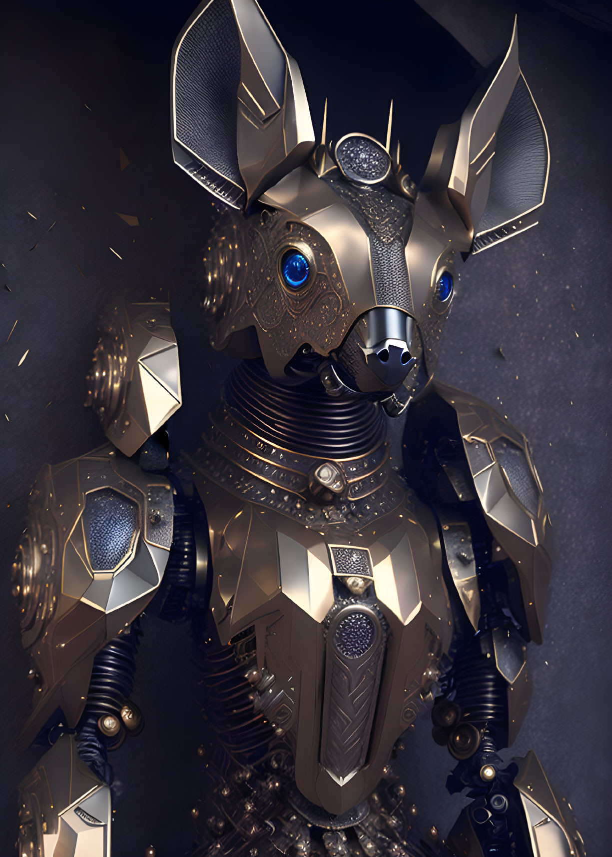 Detailed metallic robot with cat-like head and glowing blue eyes on dark background.