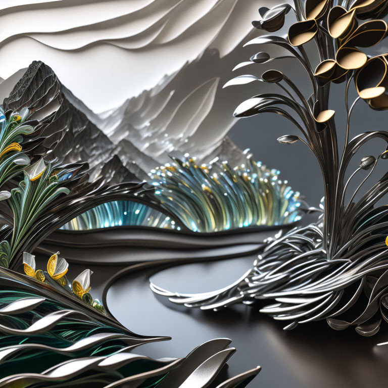 Detailed 3D art: metallic flowers, layered feathers, monochrome mountain landscape