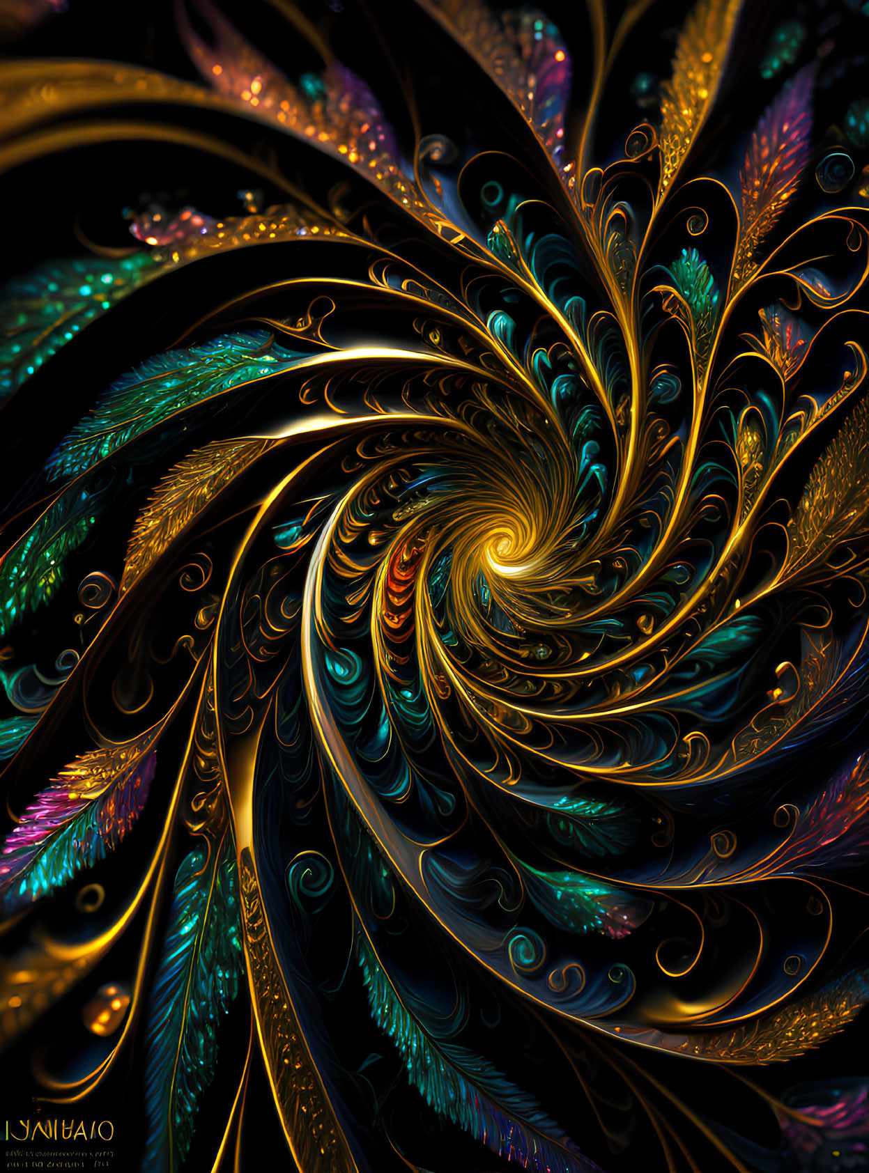 Colorful Digital Fractal Art: Gold, Blue, and Black Swirling Patterns