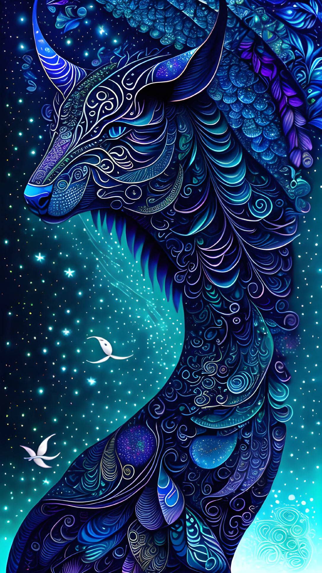 Stylized wolf digital art with cosmic motifs