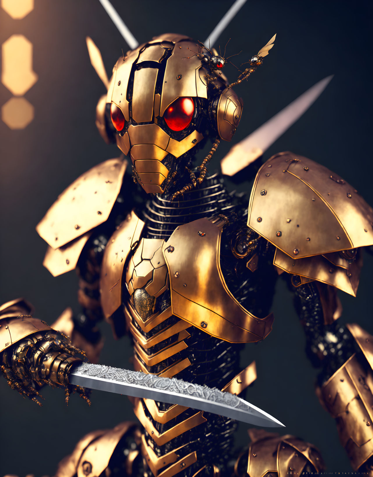 Detailed 3D Rendering of Golden Armored Robot Knight