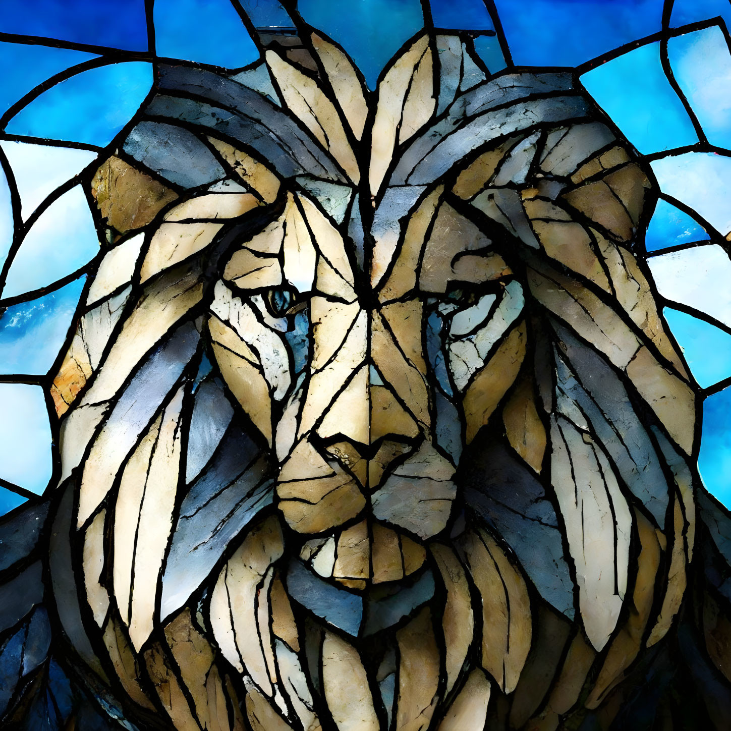 Vibrant lion's head stained glass art in blue and gold hues