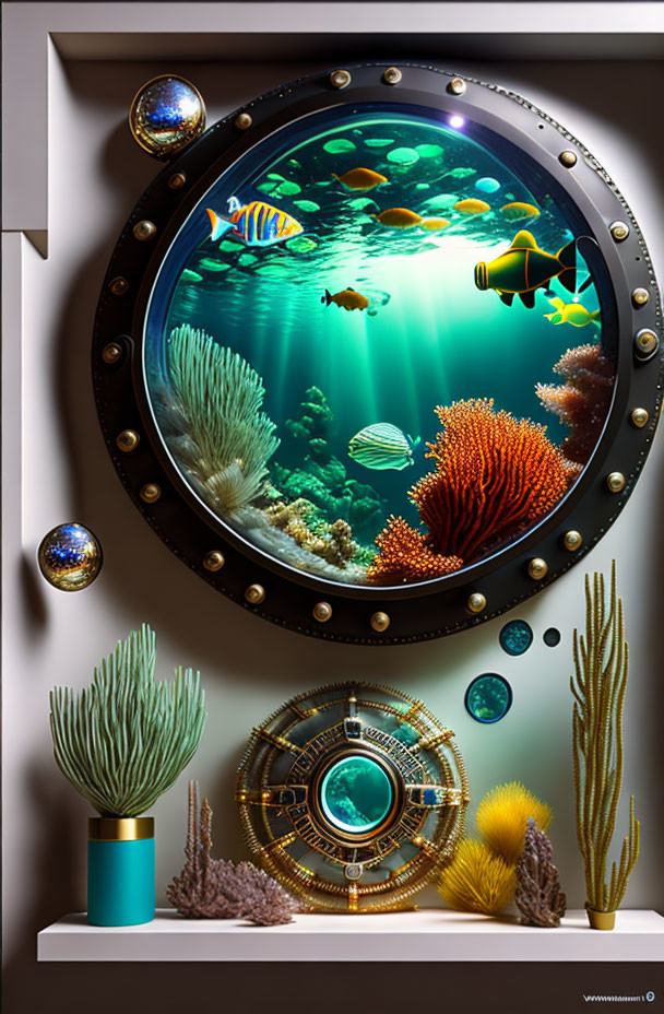 Colorful underwater scene with tropical fish, coral reefs, metallic hatch, and oceanic decor