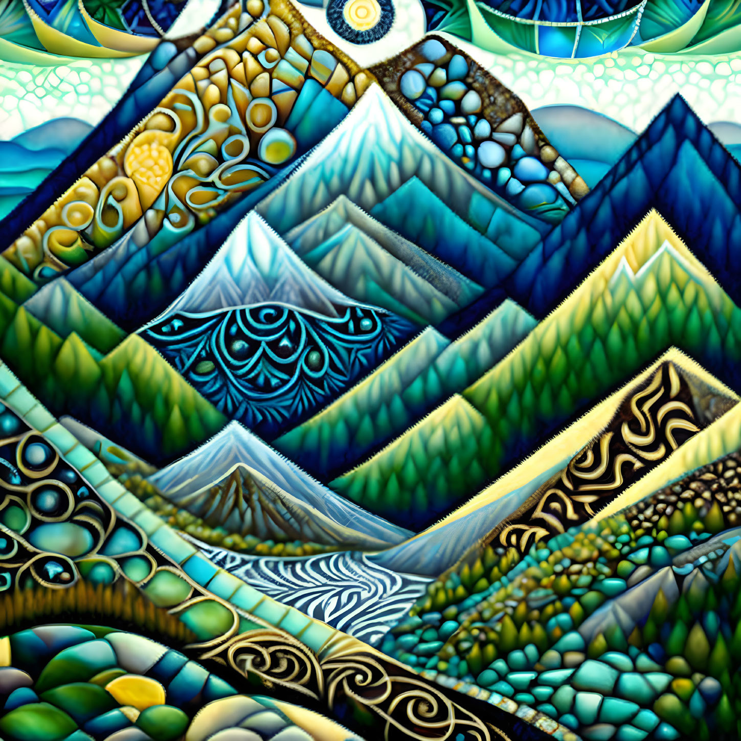 Abstract geometric painting with layered triangle shapes and intricate landscape-inspired patterns