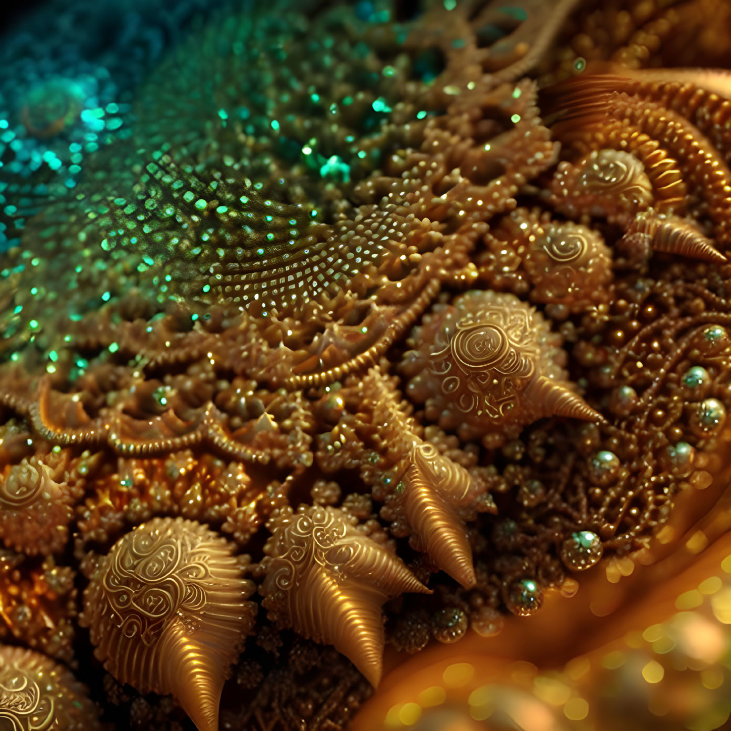 Intricate Golden and Teal Fractal Patterns