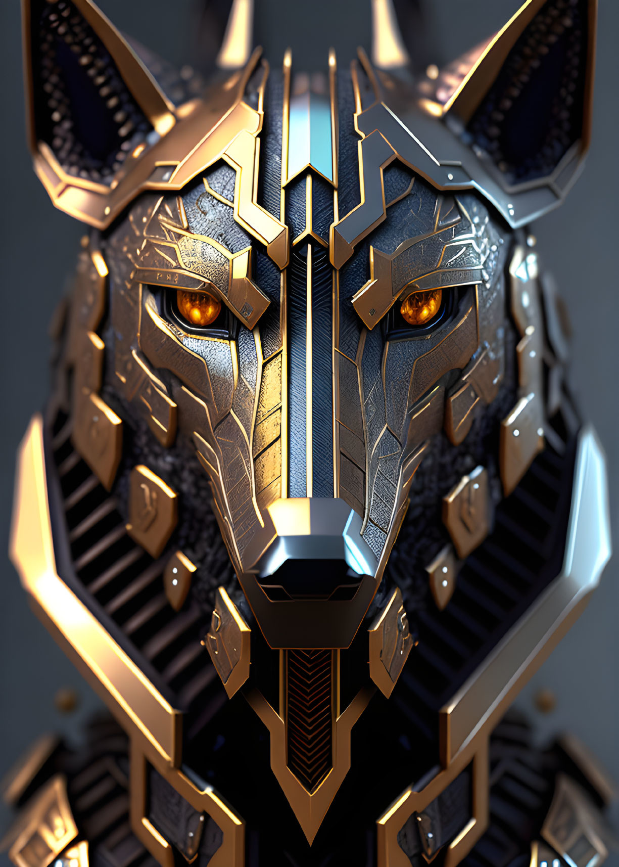 Detailed 3D metallic wolf head illustration with intricate designs and golden eyes.