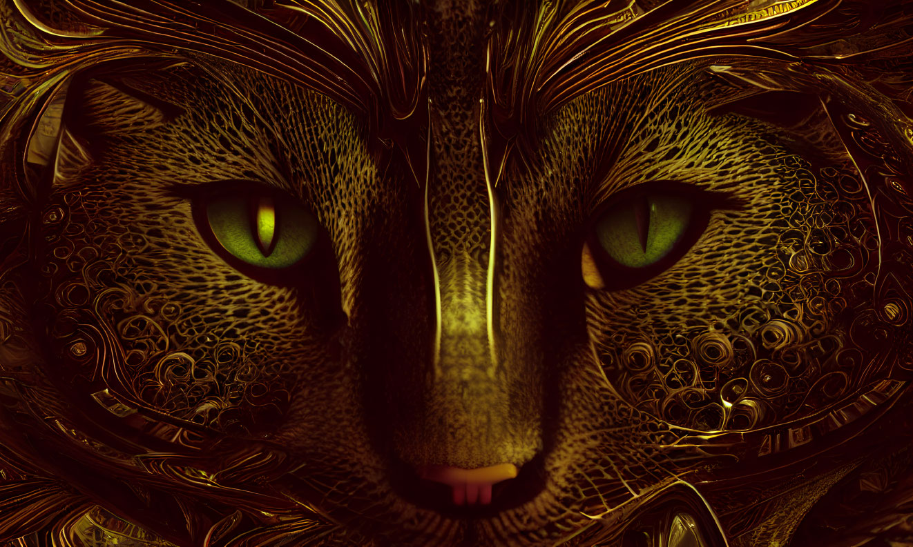 Close-up Digital Artwork: Cat's Face with Intricate Golden Patterns and Hypnotic Green Eyes