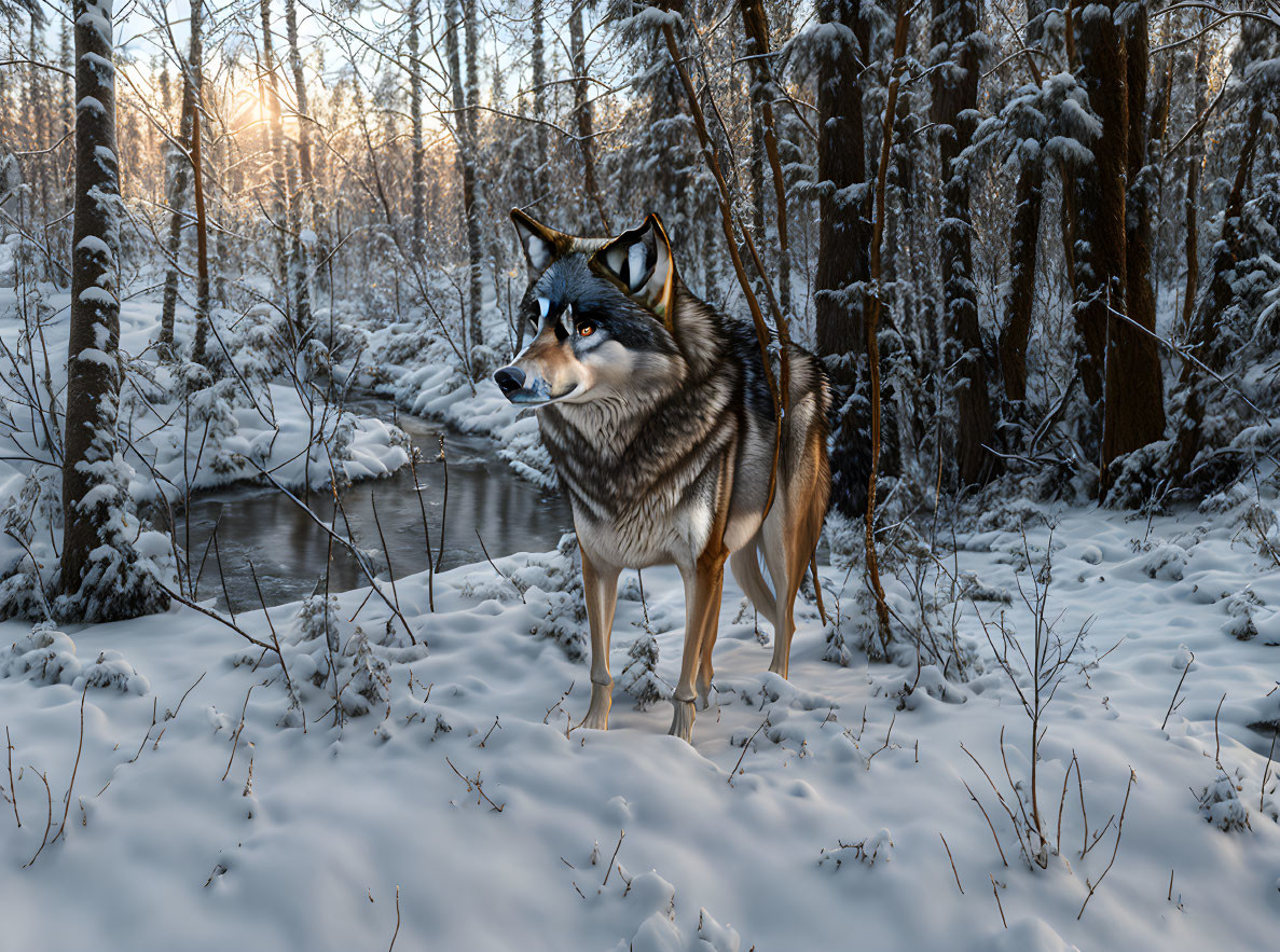 Majestic husky in snowy forest with sunlight filtering through trees