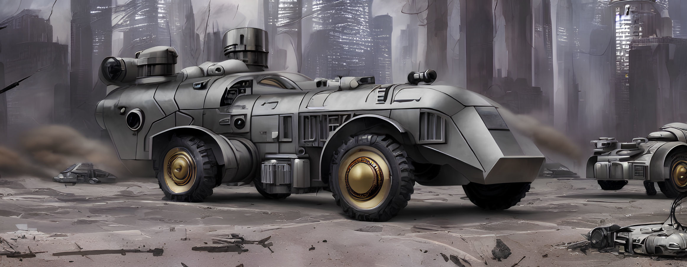 Robust futuristic military vehicles in war-torn landscape