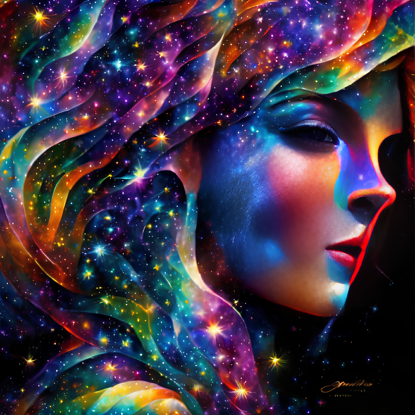 Colorful Galaxy Woman Profile Artwork with Cosmic Elements