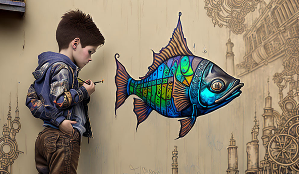 Boy with Mohawk and Denim Jacket Next to Colorful Fish Mural