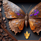 Steampunk-style butterfly with metallic wings and purple gemstones on dark background