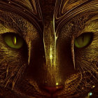 Close-up Digital Artwork: Cat's Face with Intricate Golden Patterns and Hypnotic Green Eyes