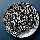 Intricate Black and White Paisley Design on Blue Plate