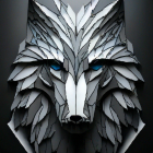 Metallic Wolf Mask with Layered Plates and Intense Blue Eyes