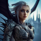 Fantasy CGI image: Woman in dragon-themed armor by castle.