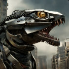 Menacing robotic dinosaur head with glowing yellow eye in dystopian city.