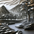 Detailed 3D art: metallic flowers, layered feathers, monochrome mountain landscape