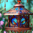 Bronze bird feeder with bluebird stained glass panels and real hummingbird in greenery