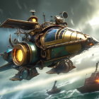 Steampunk submarine soaring over ocean with ships and dramatic sky