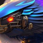 Detailed Mechanical Bird with Blue Feathers and Orange Eyes on Orange Background