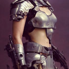 Digital artwork: Woman in futuristic armor with brown hair confidently gazing.