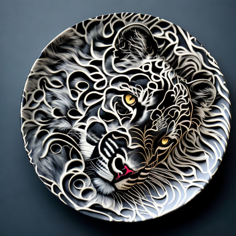 Stylized black and white tiger plate with golden accents