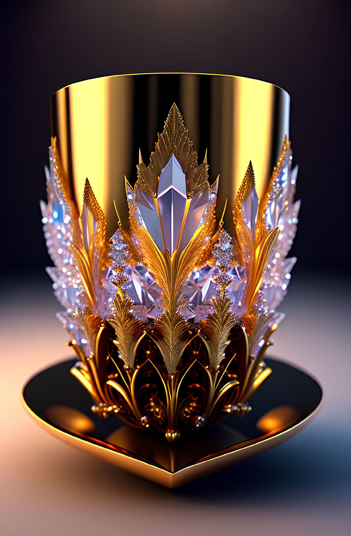 Intricate golden crystal trophy with leaf patterns and gemstone on black base