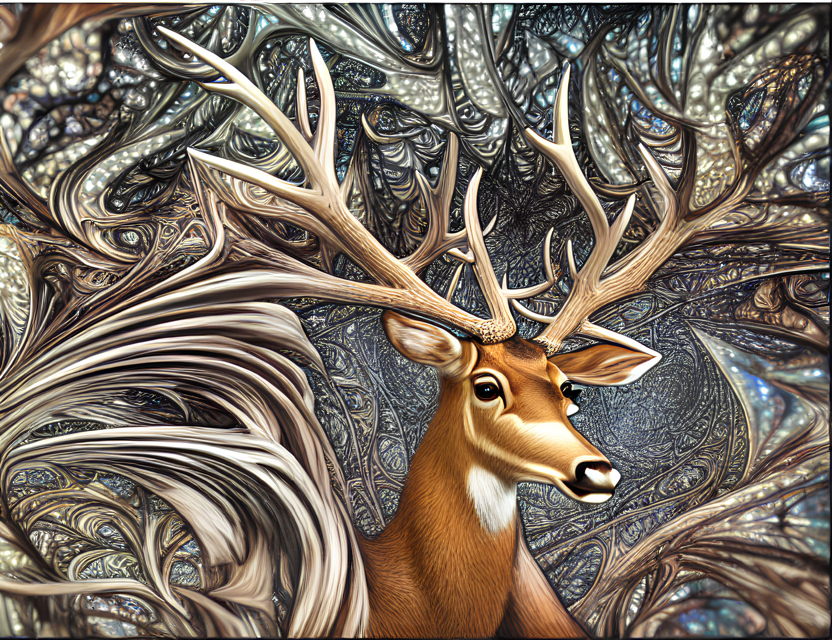 Majestic deer with intricate metallic fractal background