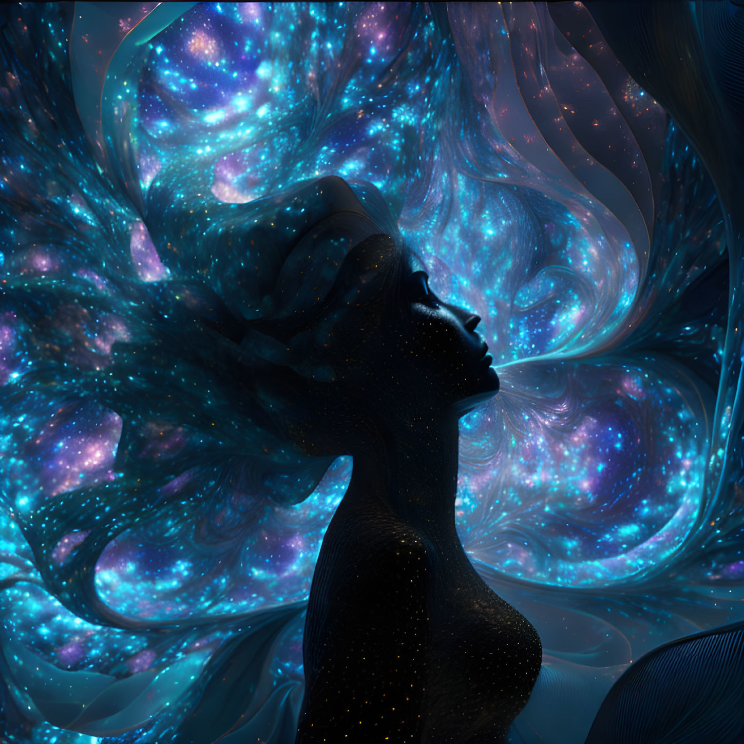 Silhouette of woman's profile against cosmic nebulae and stars