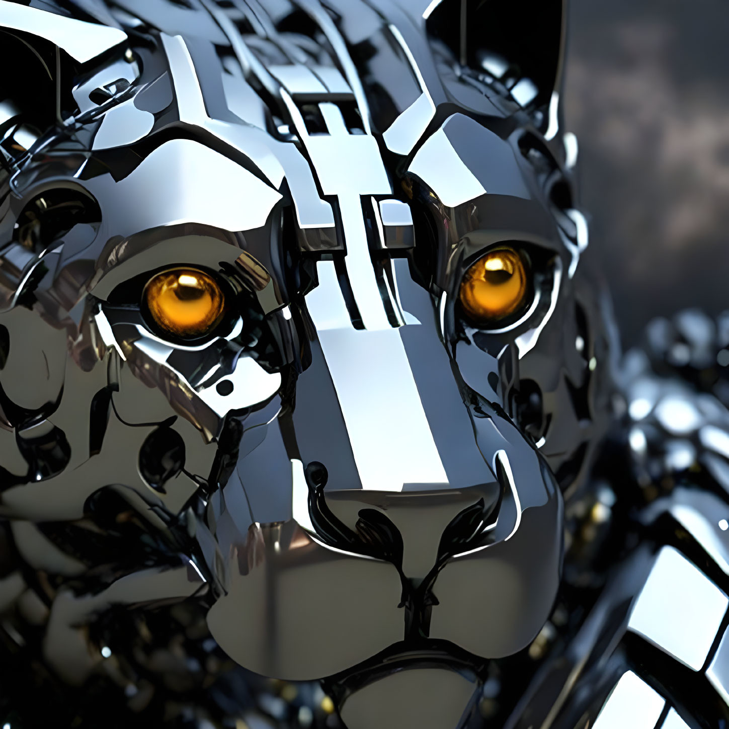 Detailed metallic robotic panther head with glowing yellow eyes.