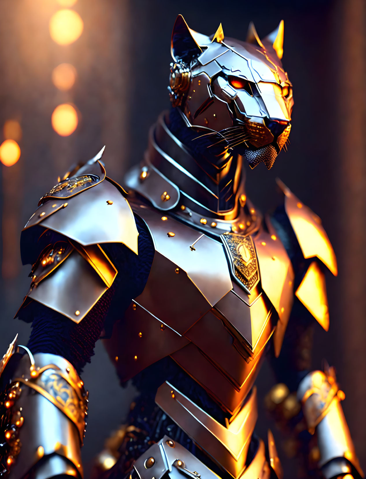 Detailed Image of Robotic Black Panther in Ornate Armor with Gold Accents