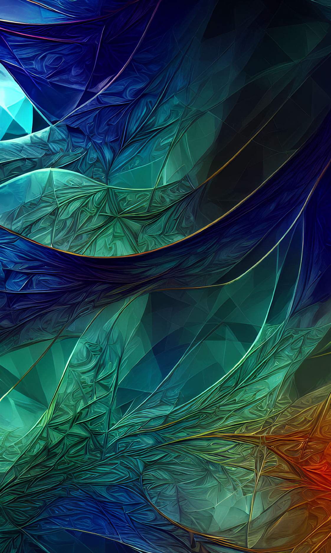 Abstract Digital Artwork: Vibrant Blue and Green Hues, Geometrical Patterns, Flowing