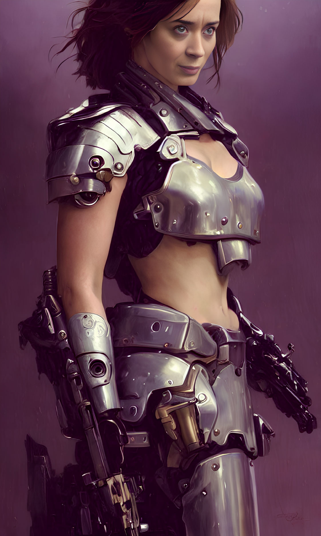 Digital artwork: Woman in futuristic armor with brown hair confidently gazing.