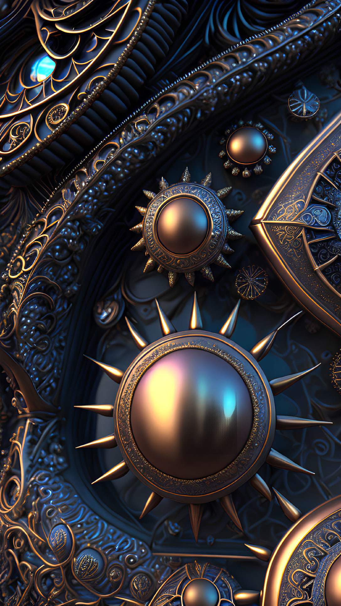 Metallic Fractal Design with Spherical Elements in Blue and Bronze