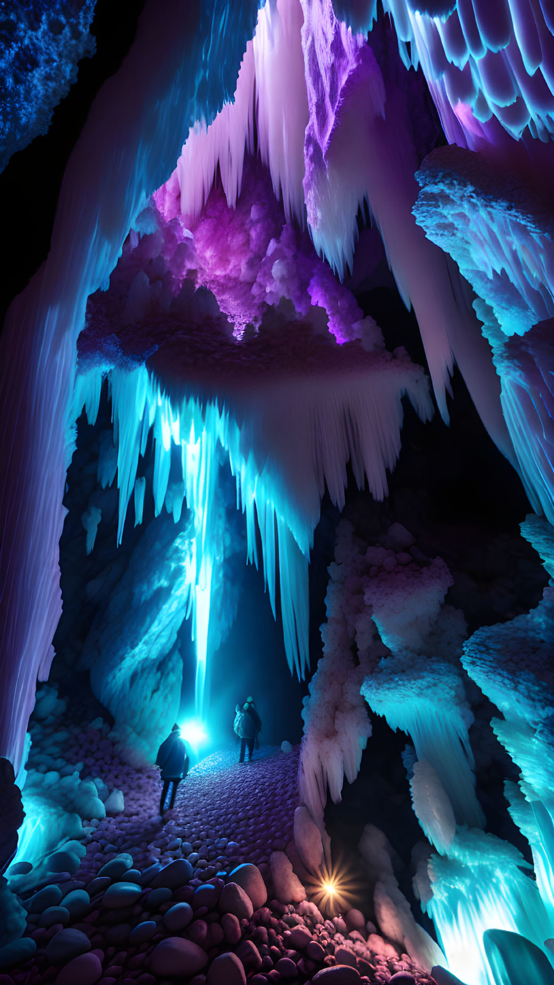 Explorers in Vibrant Ice Cave with Stalactites