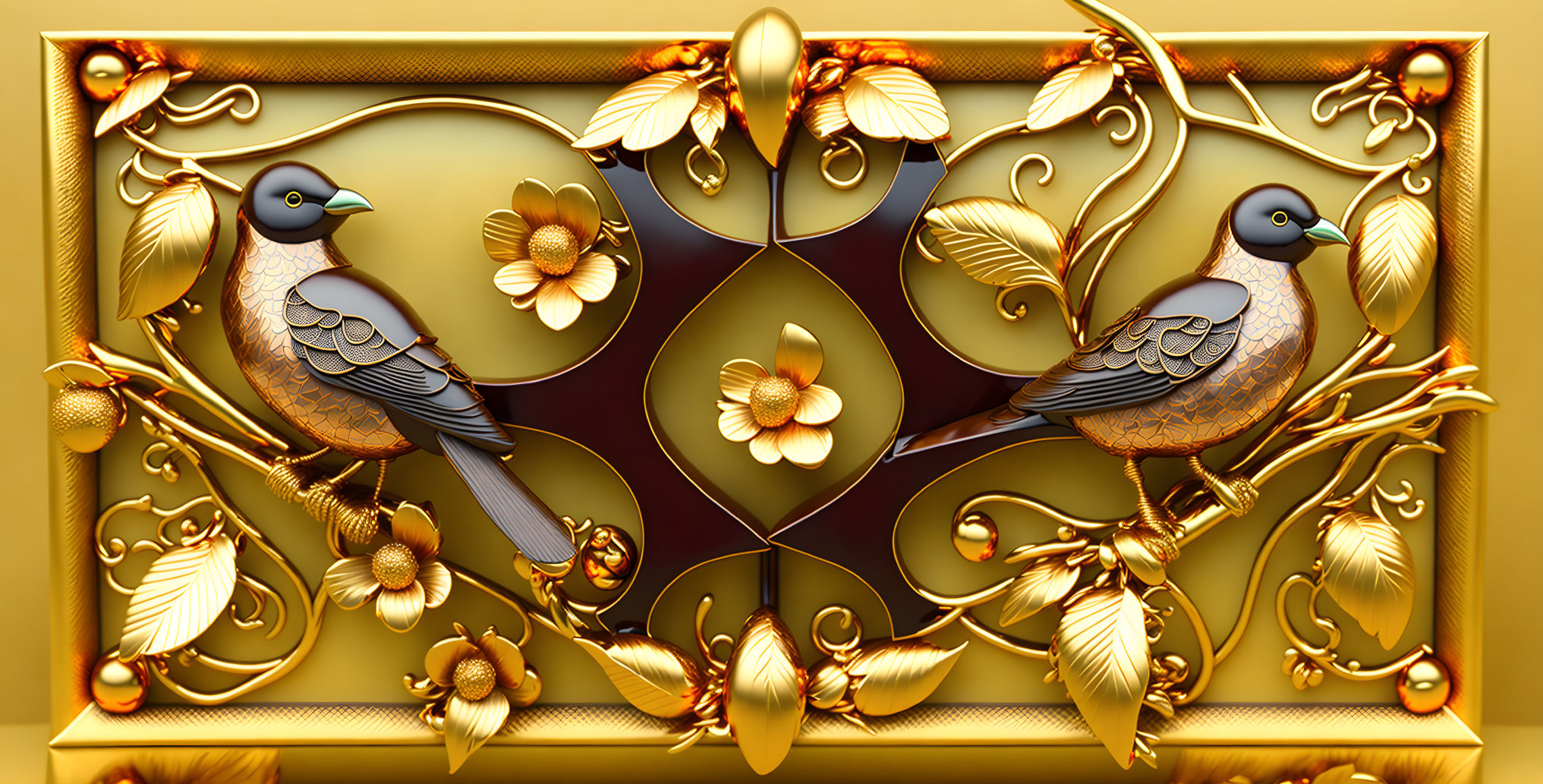 Stylized birds on golden branches in 3D rendering