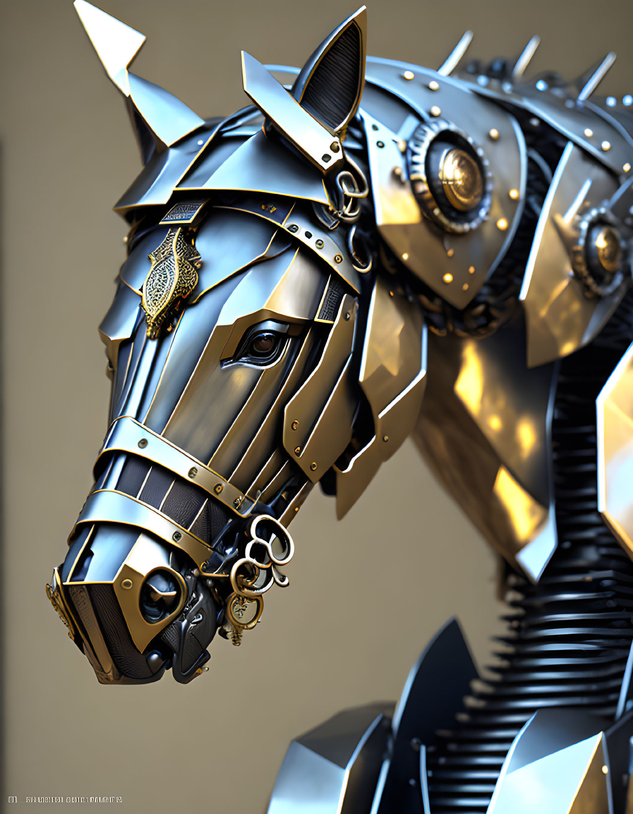 Detailed 3D rendering of metallic steampunk horse head with gears and mechanical components