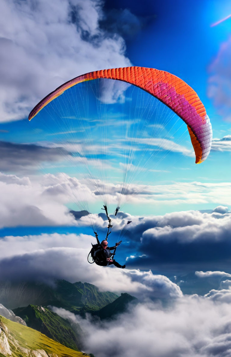 Paraglider flying over lush mountains with orange wing in blue sky