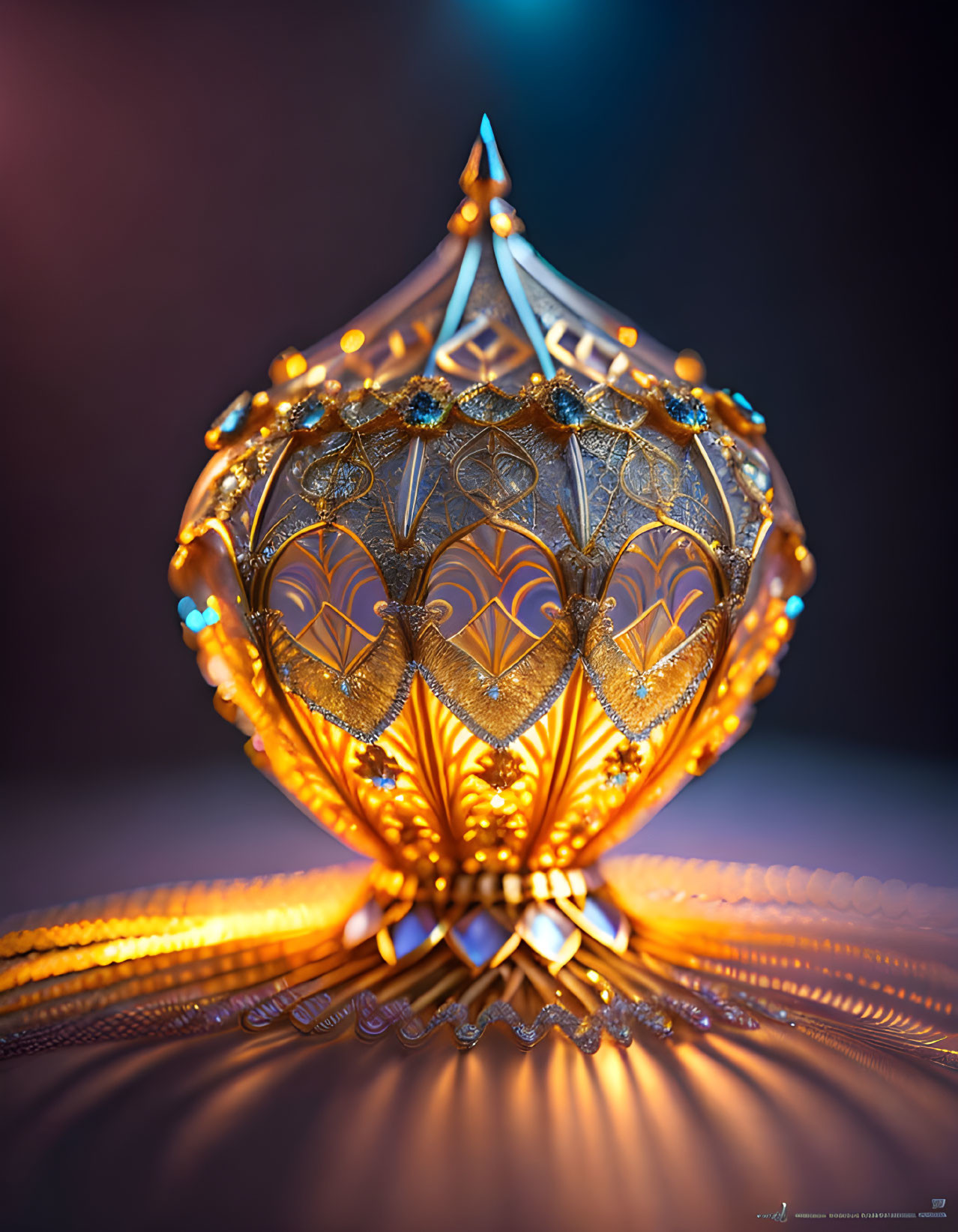 Golden patterned ornamental object with embedded jewels emitting warm glow