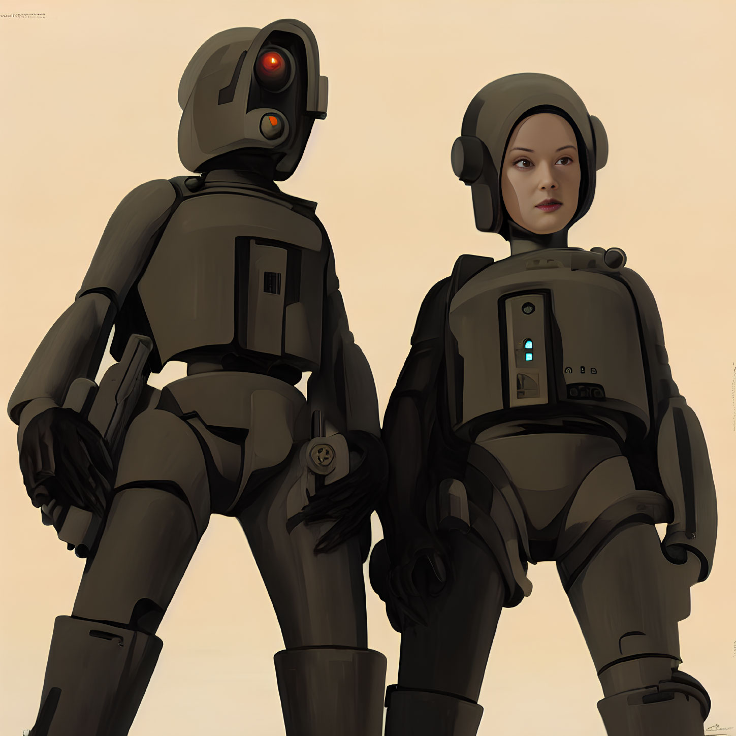 Female astronaut and robotic companion in sleek space suits on tan background