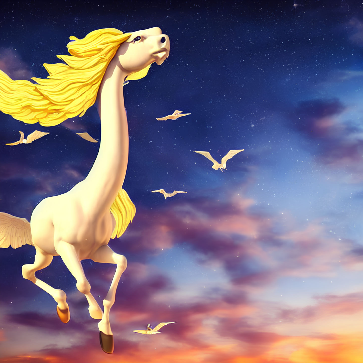 Majestic cream horse with golden mane against twilight sky filled with birds