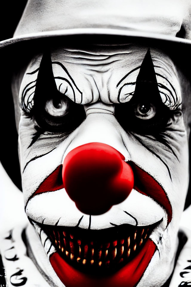 Detailed Close-Up of Person with Clown Makeup - Red Nose, Black & White Face Paint, Menacing