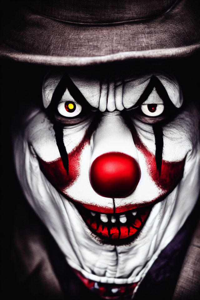 Detailed Close-Up of Sinister Clown with White Face and Red Accents