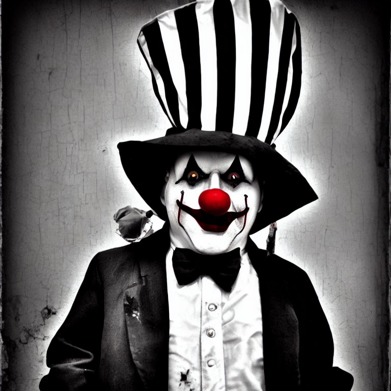 Monochrome clown with striped hat and menacing smile against cracked wall