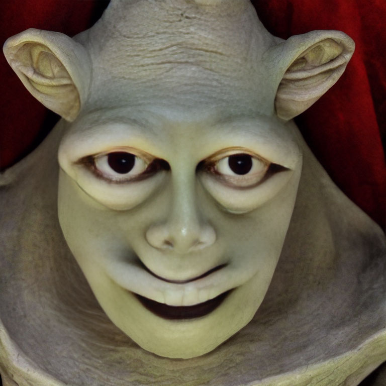 Realistic Shrek mask with mischievous smile and big ears on red background