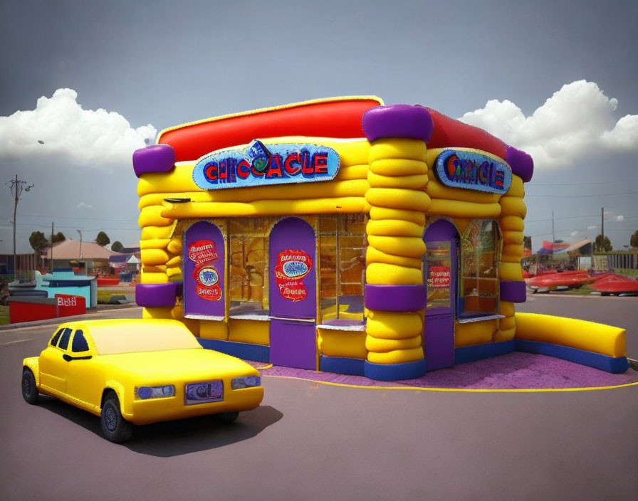 Inflatable Fast-Food Restaurant with Yellow Toy Car - Clear Sky & Clouds