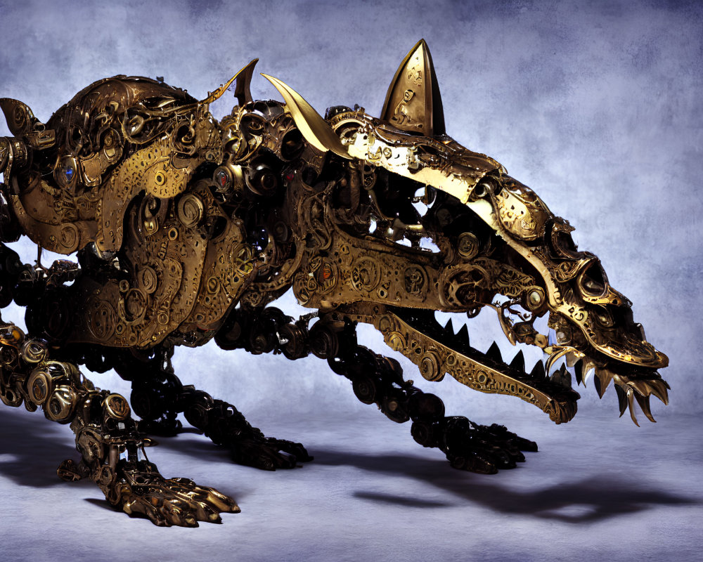 Detailed Steampunk Mechanical Dragon on Textured Blue Background