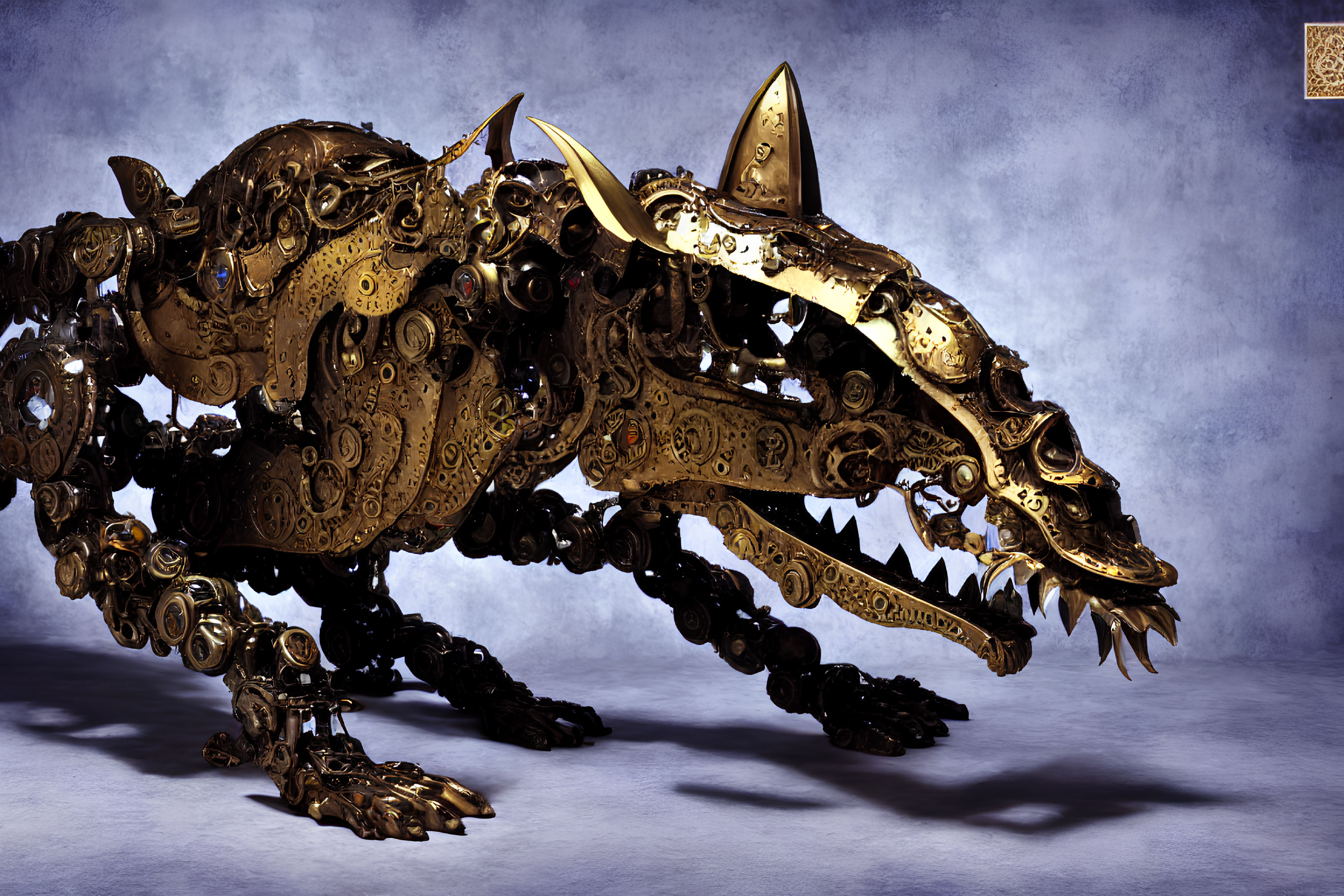 Detailed Steampunk Mechanical Dragon on Textured Blue Background