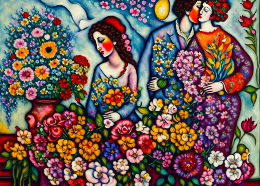 Colorful Painting of Two Figures Surrounded by Flowers